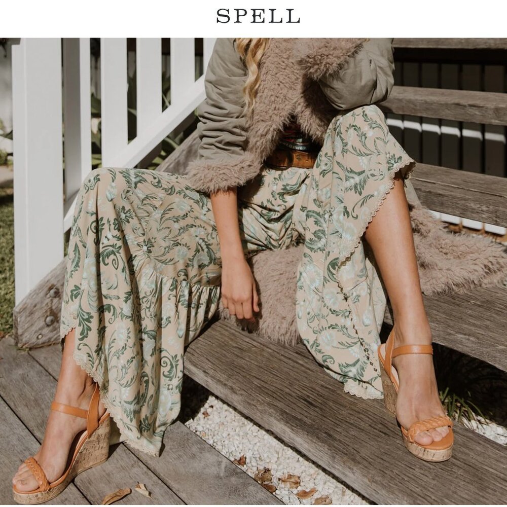 Spell Wide Leg Floral Print Pants in Cream and Green